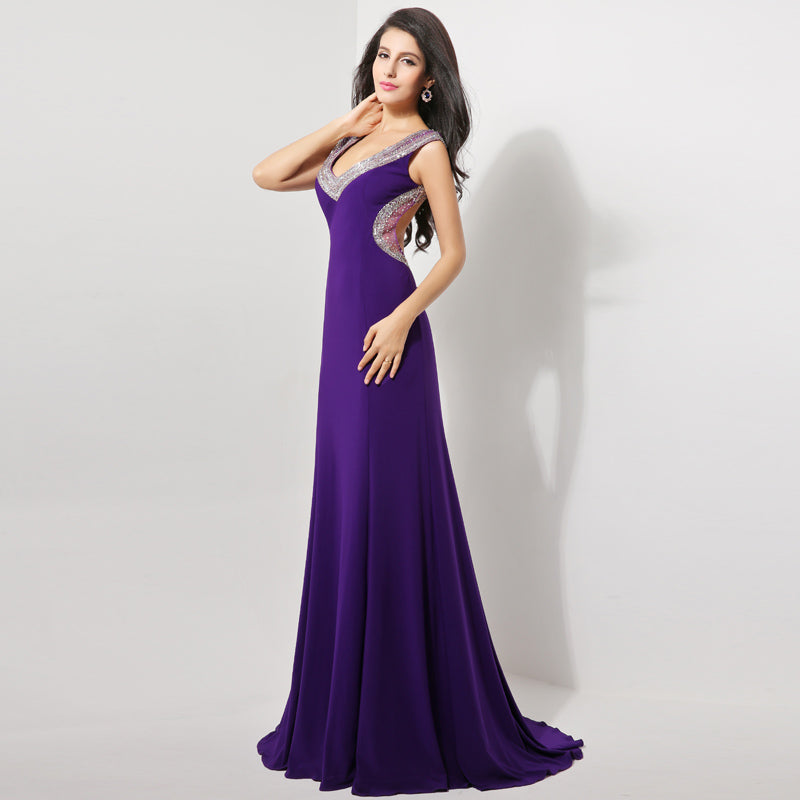 Glamorous Sleeveless Purple V - Neck Gown with Embellished Neckline Prom Dress,XU007