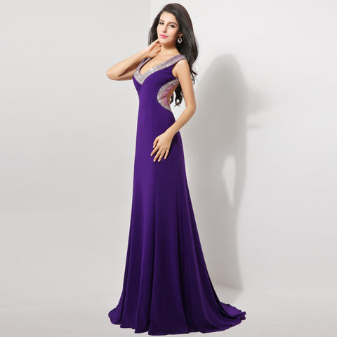 Glamorous Sleeveless Purple V - Neck Gown with Embellished Neckline Prom Dress,XU007