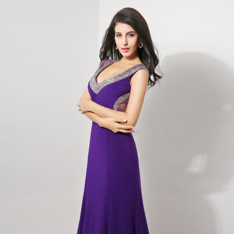 Glamorous Sleeveless Purple V - Neck Gown with Embellished Neckline Prom Dress,XU007