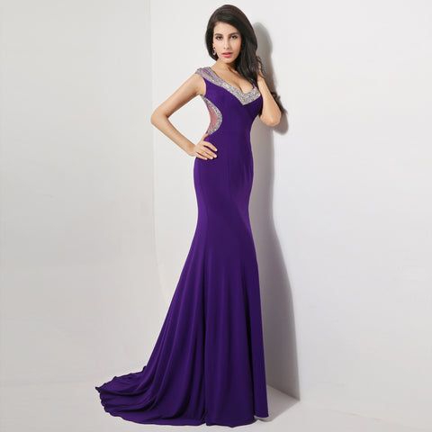 Glamorous Sleeveless Purple V - Neck Gown with Embellished Neckline Prom Dress,XU007