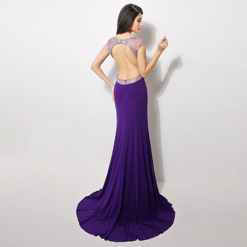 Glamorous Sleeveless Purple V - Neck Gown with Embellished Neckline Prom Dress,XU007