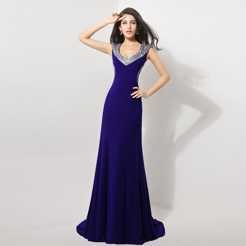 Glamorous Sleeveless Purple V - Neck Gown with Embellished Neckline Prom Dress,XU007