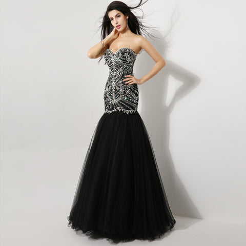Glamorous Strapless Black Mermaid Gown with Crystal Embellishments Prom Dress, XU009