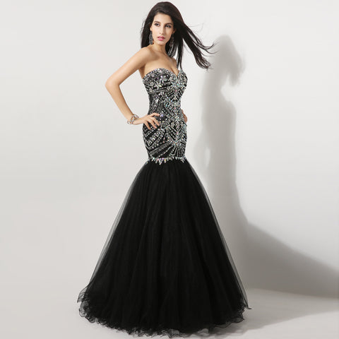 Glamorous Strapless Black Mermaid Gown with Crystal Embellishments Prom Dress, XU009