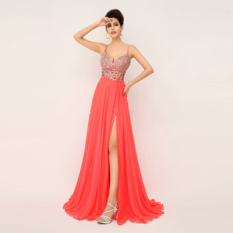 Glamorous Spaghetti Strap Red Gown with Embellished Bodice and High Slit Prom Dress,XU015