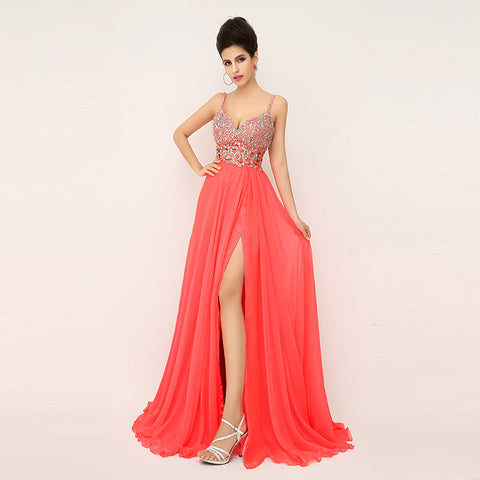 Glamorous Spaghetti Strap Red Gown with Embellished Bodice and High Slit Prom Dress,XU015
