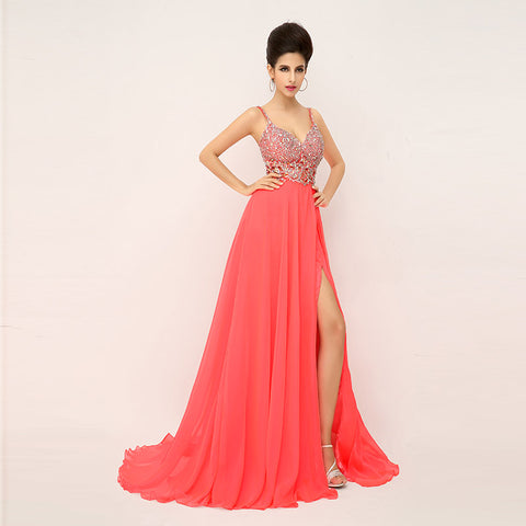 Glamorous Spaghetti Strap Red Gown with Embellished Bodice and High Slit Prom Dress,XU015