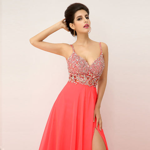 Glamorous Spaghetti Strap Red Gown with Embellished Bodice and High Slit Prom Dress,XU015