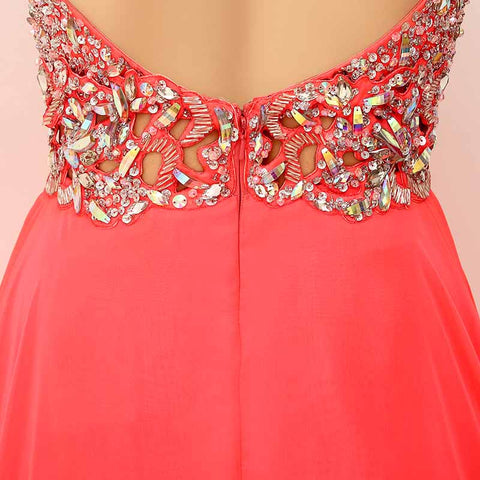 Glamorous Spaghetti Strap Red Gown with Embellished Bodice and High Slit Prom Dress,XU015