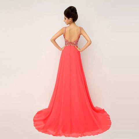 Glamorous Spaghetti Strap Red Gown with Embellished Bodice and High Slit Prom Dress,XU015