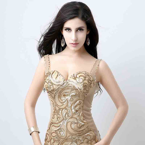 Glamorous Gold Strappy Embroidered Bodycon Mini Prom Dress, XU019