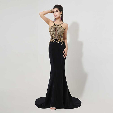 Exquisite Halter - Neck Black Mermaid Gown Gold Embellishments Prom Dress,XU026