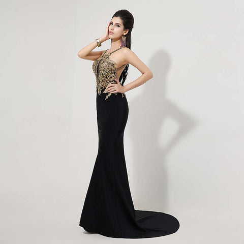 Exquisite Halter - Neck Black Mermaid Gown Gold Embellishments Prom Dress,XU026