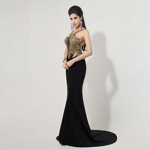 Exquisite Halter - Neck Black Mermaid Gown Gold Embellishments Prom Dress,XU026