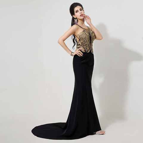 Exquisite Halter - Neck Black Mermaid Gown Gold Embellishments Prom Dress,XU026