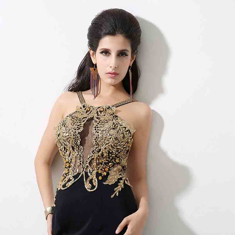 Exquisite Halter - Neck Black Mermaid Gown Gold Embellishments Prom Dress,XU026