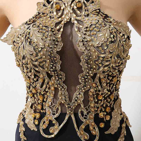 Exquisite Halter - Neck Black Mermaid Gown Gold Embellishments Prom Dress,XU026
