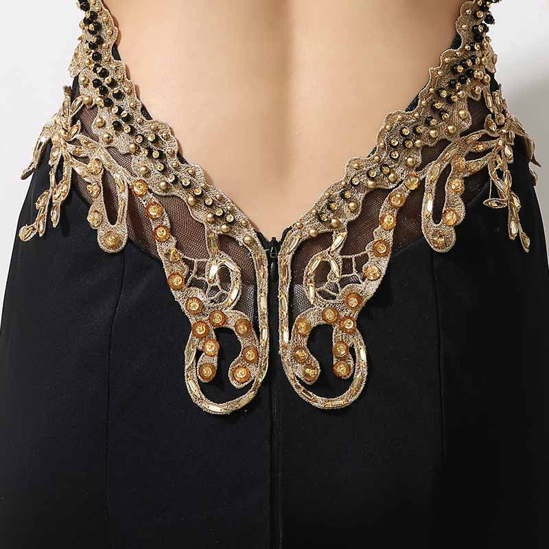 Exquisite Halter - Neck Black Mermaid Gown Gold Embellishments Prom Dress,XU026