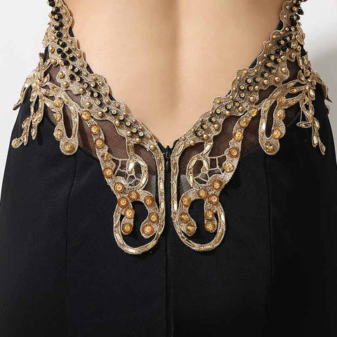 Exquisite Halter - Neck Black Mermaid Gown Gold Embellishments Prom Dress,XU026
