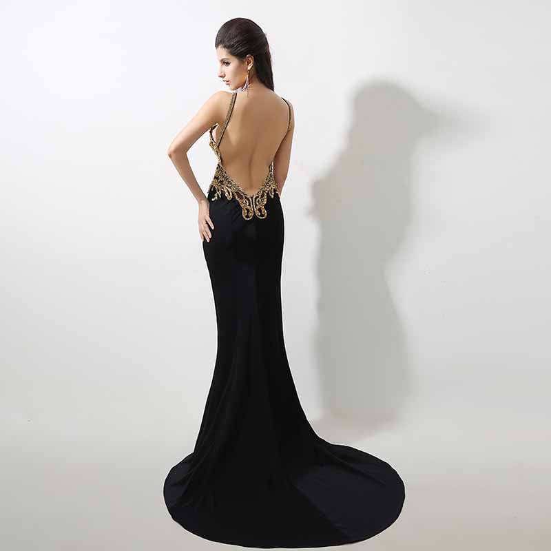 Exquisite Halter - Neck Black Mermaid Gown Gold Embellishments Prom Dress,XU026