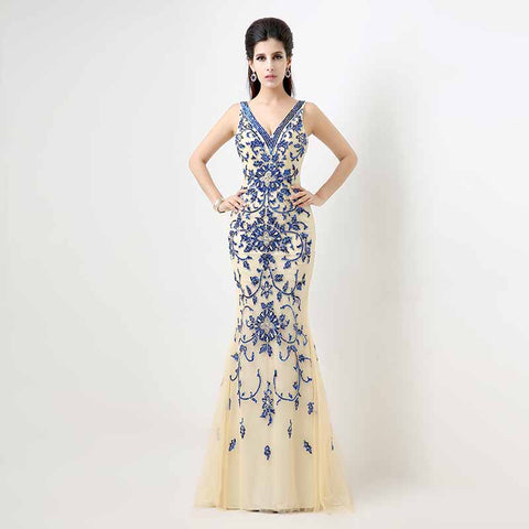 Elegant Sleeveless Mermaid Gown in Ivory Blue Floral Embroidery Prom Dress,XU027