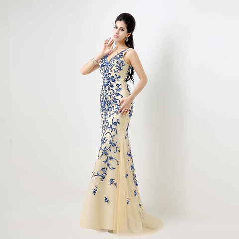 Elegant Sleeveless Mermaid Gown in Ivory Blue Floral Embroidery Prom Dress,XU027