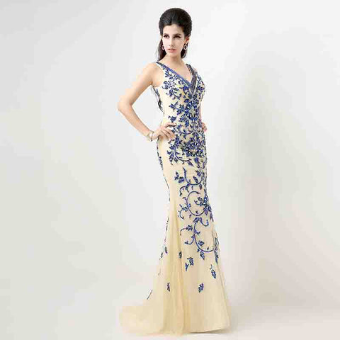 Elegant Sleeveless Mermaid Gown in Ivory Blue Floral Embroidery Prom Dress,XU027