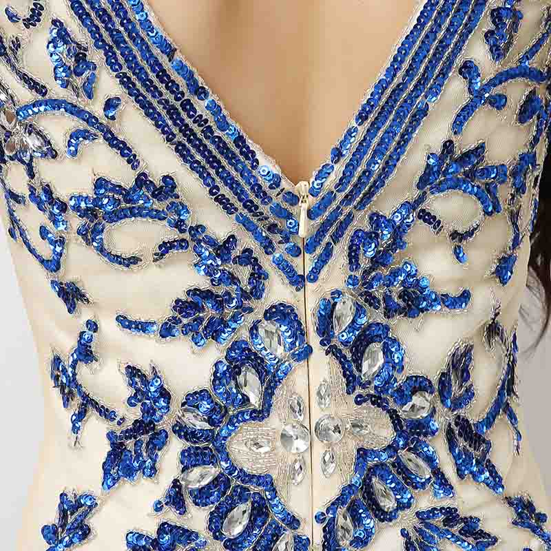 Elegant Sleeveless Mermaid Gown in Ivory Blue Floral Embroidery Prom Dress,XU027