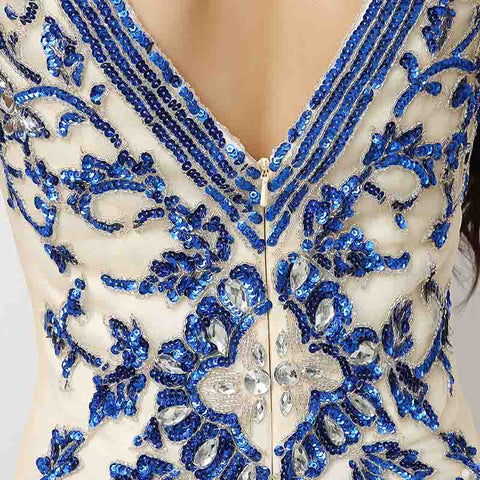 Elegant Sleeveless Mermaid Gown in Ivory Blue Floral Embroidery Prom Dress,XU027
