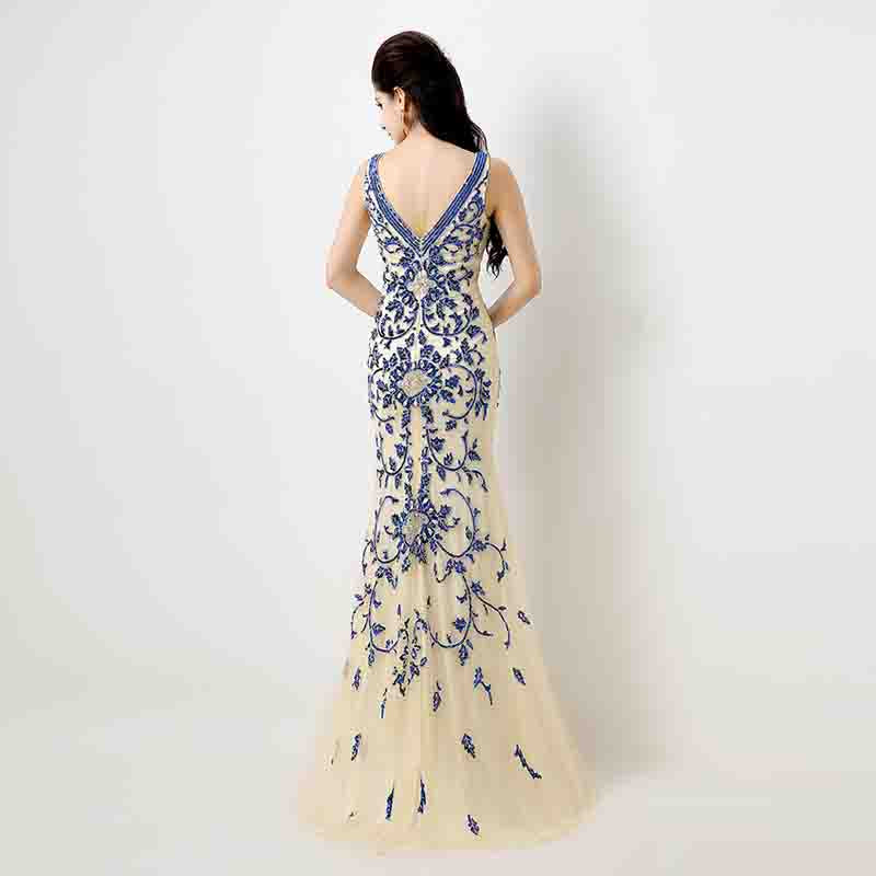 Elegant Sleeveless Mermaid Gown in Ivory Blue Floral Embroidery Prom Dress,XU027
