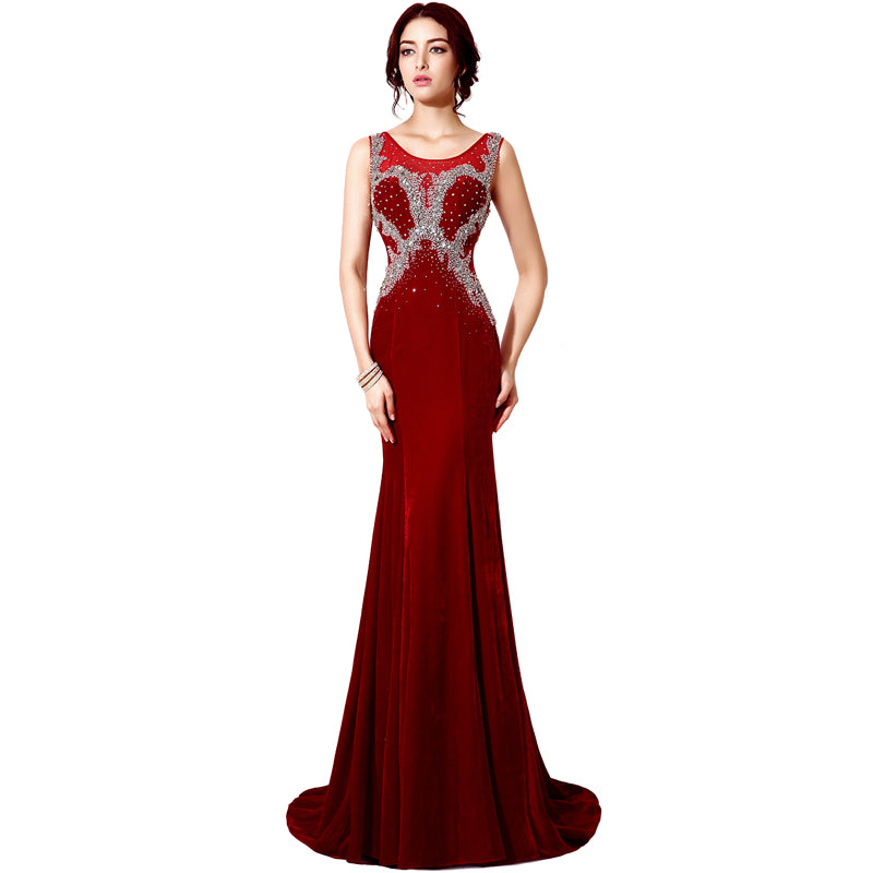 Gorgeous Sleeveless Burgundy Mermaid Gown with Silver Beaded Bodice Prom Dress,XU033
