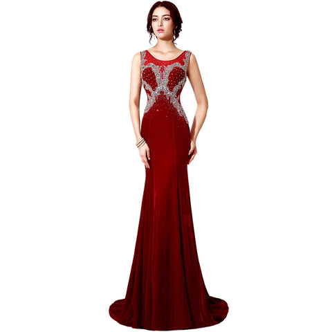 Gorgeous Sleeveless Burgundy Mermaid Gown with Silver Beaded Bodice Prom Dress,XU033