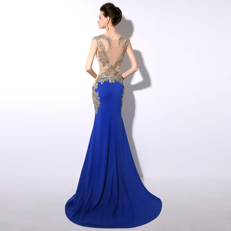 Gorgeous Mermaid - Style Blue Gown with Gold - Embroidered Bodice and Cut - out Details Prom Dress,YD003