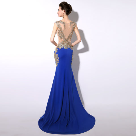 Gorgeous Mermaid - Style Blue Gown with Gold - Embroidered Bodice and Cut - out Details Prom Dress,YD003
