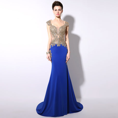 Gorgeous Mermaid - Style Blue Gown with Gold - Embroidered Bodice and Cut - out Details Prom Dress,YD003