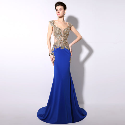 Gorgeous Mermaid - Style Blue Gown with Gold - Embroidered Bodice and Cut - out Details Prom Dress,YD003