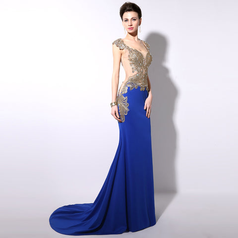 Gorgeous Mermaid - Style Blue Gown with Gold - Embroidered Bodice and Cut - out Details Prom Dress,YD003