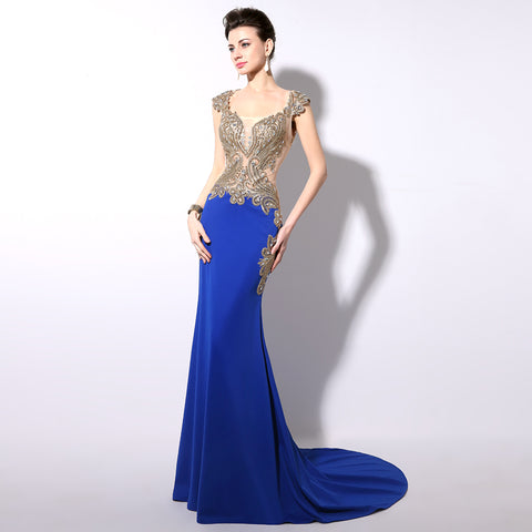 Gorgeous Mermaid - Style Blue Gown with Gold - Embroidered Bodice and Cut - out Details Prom Dress,YD003