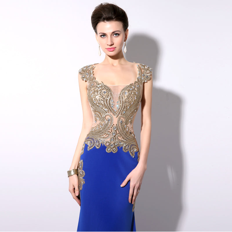 Gorgeous Mermaid - Style Blue Gown with Gold - Embroidered Bodice and Cut - out Details Prom Dress,YD003
