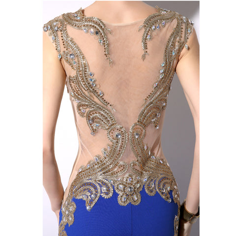 Gorgeous Mermaid - Style Blue Gown with Gold - Embroidered Bodice and Cut - out Details Prom Dress,YD003