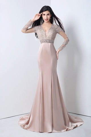 Elegant Long - Sleeve V - Neck Mermaid Gown in Blush Pink with Embroidered Bodice Prom Dress,YLN004