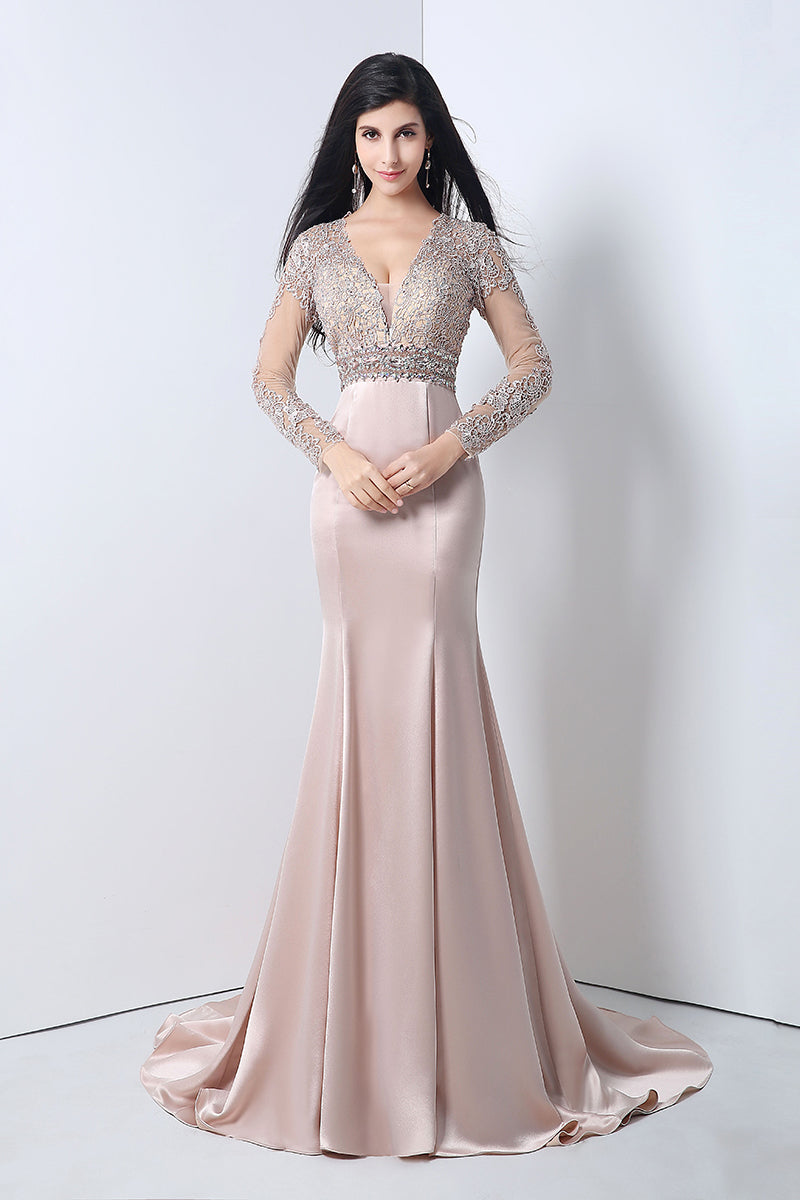 Elegant Long - Sleeve V - Neck Mermaid Gown in Blush Pink with Embroidered Bodice Prom Dress,YLN004