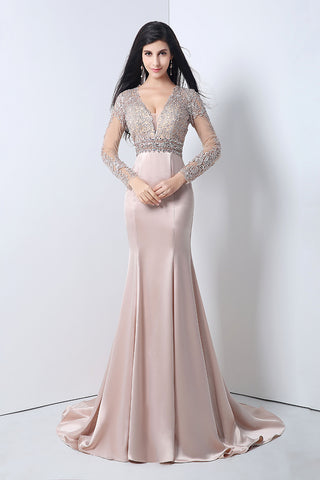 Elegant Long - Sleeve V - Neck Mermaid Gown in Blush Pink with Embroidered Bodice Prom Dress,YLN004