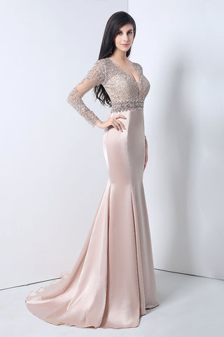 Elegant Long - Sleeve V - Neck Mermaid Gown in Blush Pink with Embroidered Bodice Prom Dress,YLN004
