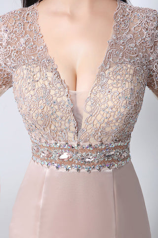 Elegant Long - Sleeve V - Neck Mermaid Gown in Blush Pink with Embroidered Bodice Prom Dress,YLN004