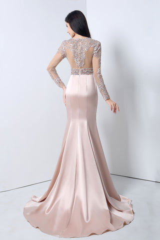 Elegant Long - Sleeve V - Neck Mermaid Gown in Blush Pink with Embroidered Bodice Prom Dress,YLN004
