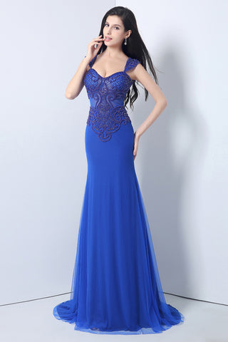 Gorgeous Royal Blue Mermaid Prom Dress with Lace - Embroidered Sweetheart Neckline and Cap Sleeves,YLN006