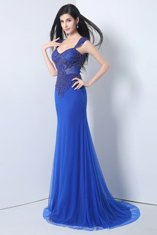 Gorgeous Royal Blue Mermaid Prom Dress with Lace - Embroidered Sweetheart Neckline and Cap Sleeves,YLN006