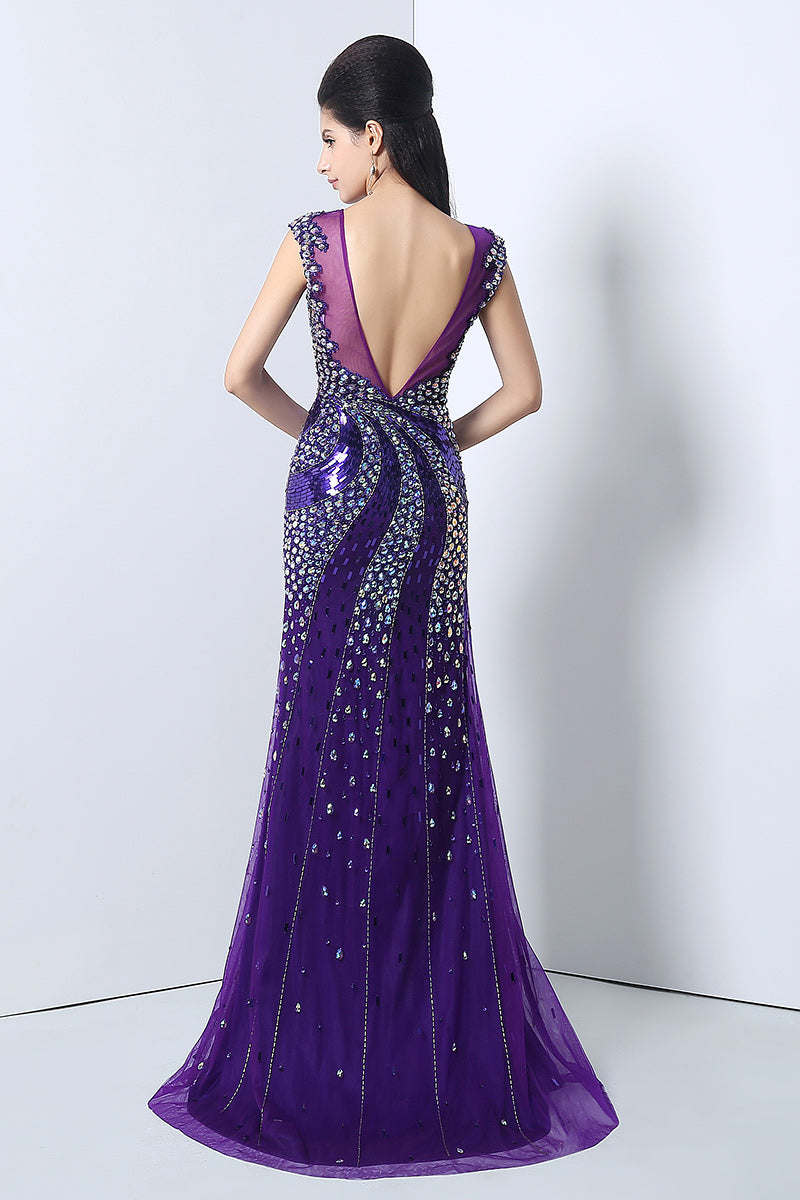 Glamorous Purple Sleeveless Mesh - Bodice Gown with Crystal Embellishments and High Slit Prom Dress,YLN021