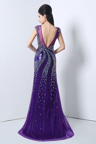 Glamorous Purple Sleeveless Mesh - Bodice Gown with Crystal Embellishments and High Slit Prom Dress,YLN021